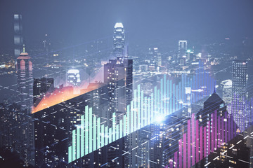 Poster - Double exposure of forex chart drawings over cityscape background. Concept of success.
