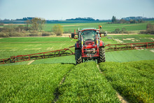 Tractor Spraying The Rural Green Field