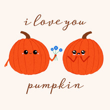 Vector Illustration Of 2 Cute Pumpkin Characters With The Funny Pun 'I Love You Pumpkin'. Cute Design Concept.