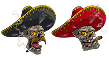 Cartoon Detailed Realistic Colorful Scary Human Skulls In Traditional Ornate Mexican Hat Sombrero With Cigar. Isolated On White Background. Vector Icon Set.