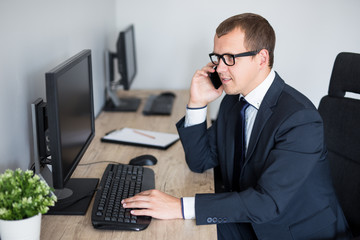 Wall Mural - handsome businessman using computer and talking by phone in office