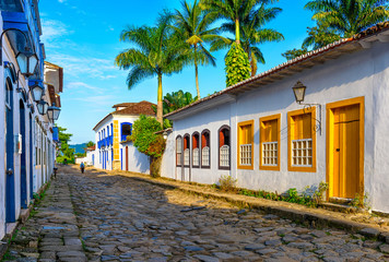 Street of historical center in Paraty, Rio de Janeiro, Brazil. Paraty is a preserved Portuguese colonial and Brazilian Imperial municipality