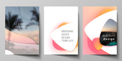 Vector layout of A4 format modern cover mockups design templates for brochure, magazine, flyer, booklet, report. Yellow color gradient abstract dynamic shapes, colorful geometric template design.