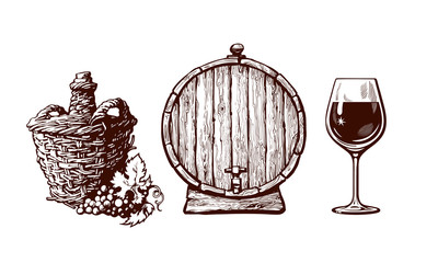 Wall Mural - set of hand drawn elements for wine design. demijohn bottle with bunch of grapes, old wooden barrel 