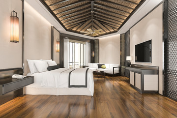 3d rendering luxury tropical bedroom suite in resort hotel and resort