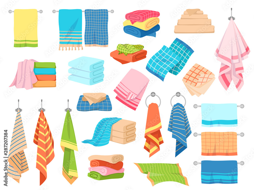 Bath towel. Hand kitchen towels, textile cloth for spa, beach, shower fabric rolls lying in stack. Cartoon vector set - obrazy, fototapety, plakaty 