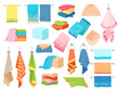 Bath towel. Hand kitchen towels, textile cloth for spa, beach, shower fabric rolls lying in stack. Cartoon vector set
