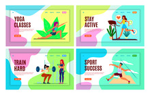 Sports Landing Page. Athletes Make Fitness Workout, Yoga Classes And Active, Healthy Lifestyle Vector Web Design