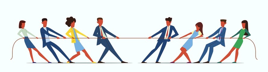 team war. young people pulling rope, employees competition. conflict in business team. office manage
