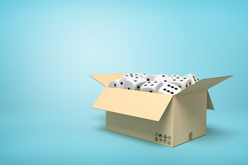 Fototapete - 3d rendering of cardboard box full of white dice with black spots on light-blue background with copy space.