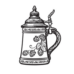 Wall Mural - german stein beer mug. black and white. hand drawn vector illustration on white backgraund. brewery,