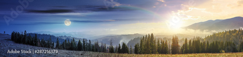 Fotografía day and night time change in mountains with forest on meadow