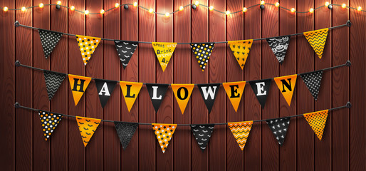 Wall Mural - Happy Halloween background with string light and Halloween buntings on wood background.Website spooky or banner template.Vector illustration EPS10