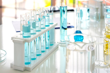 Wall Mural - flask in scientist hand with test tubes in laboratory