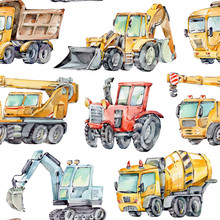 Watercolor Seamless Pattern With Colorful Little Toy Cars. Trucks And Cars Watercolor Background For Kids. Red Tractor, Excavator, Digger Machine, Building Machines, Concrete Mixer.