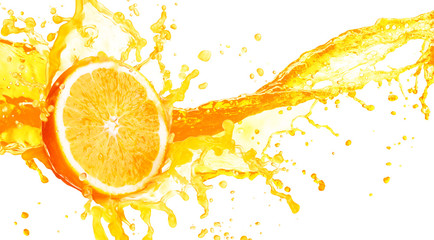 Canvas Print - Orange juice splashing with its fruits isolated on white background