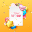 Happy Birthday background with colorful balloons and sweets.  Vector illustration