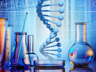 microscope with lab glassware, science laboratory research and development concept