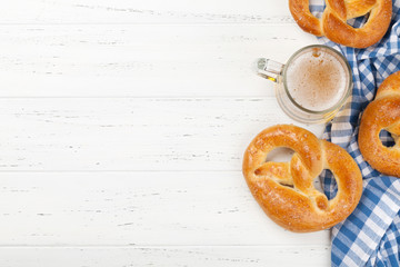 Oktoberfest backdrop. Pretzels and beer mug