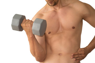 Sport man doing exercise with dumbbells isolated on white background..