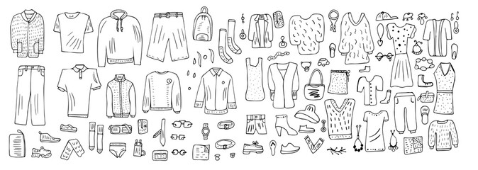 Set of clothes in doodle style. Vector illustration.