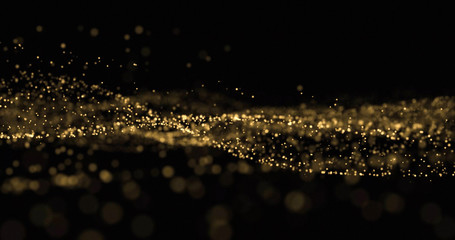 Golden glitter wave, light particles and dust glow splash, gold glittering light bokeh overlay on black background