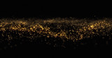 Fototapeta  - Gold glitter particles, shining gold sparks wave background. Gold glow and shimmering sparkles shine, abstract magic bright sparks in wave motion