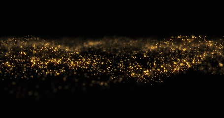 Poster - Gold glitter particles shine wave, shining gold sparks and yellow glittery bokeh light background. Gold glow and shimmering sparkles shine, abstract magic bright sparks in wave motion