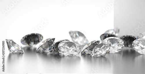 Fotografía Diamonds group placed on glossy background, 3d rendering, soft focus