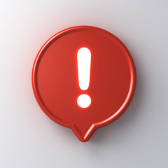 Poster - Neon light exclamation mark icon in red round pin 3d social media notification isolated on white background with shadow 3D rendering