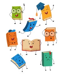 Cartoon cute book characters with different emotions set vector illustration. Collection consists of smiling, sad, funny, sleeping textbooks faces flat style design for school, education concept