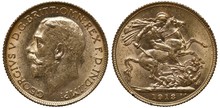 Great Britain British Golden Coin 1 One Sovereign 1913, Head Of King George V Left, St George On Horse Killing Dragon, Date Below,