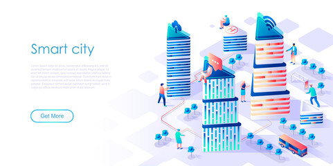 Isometric landing page smart city or intelligent flat concept. Building automation with computer networking for website or homepage. Isometric vector illustration template.