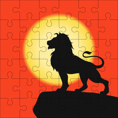 Wall Mural - Puzzles template with square grid with illustration of lion on a rock. Jigsaw puzzle 6x6 size - 36 pieces with African Safari print. Mosaic background with join details. Vector.