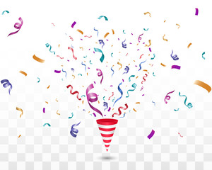 Poster - Lots of colorful tiny confetti and ribbons on transparent background. Festive event and party. Cone with confetti. Colorful bright confetti isolated on transparent background.
