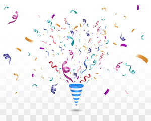 Poster - Lots of colorful tiny confetti and ribbons on transparent background. Festive event and party. Cone with confetti. Colorful bright confetti isolated on transparent background.