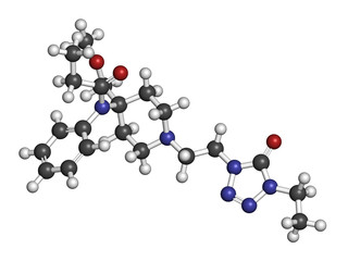 Sticker - Alfentanil opioid analgesic drug molecule. 3D rendering. Atoms are represented as spheres with conventional color coding: hydrogen (white), carbon (grey), nitrogen (blue), oxygen (red).