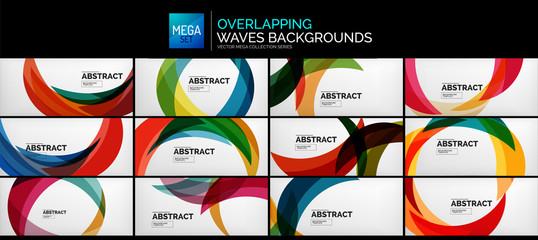 Set of transparent overlapping wave backgrounds. Color wavy round circle shapes on grey. Design templates collection