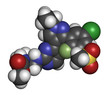 Encorafenib melanoma drug molecule. 3D rendering. Atoms are represented as spheres with conventional color coding: hydrogen (white), carbon (grey), nitrogen (blue), oxygen (red), chlorine (green), etc