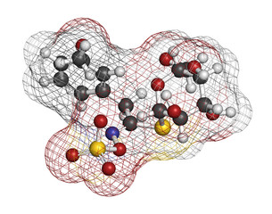 Glucolimnanthin herbal molecule. 3D rendering. Atoms are represented as spheres with conventional color coding: hydrogen (white), carbon (grey), oxygen (red), nitrogen (blue), sulfur (yellow).