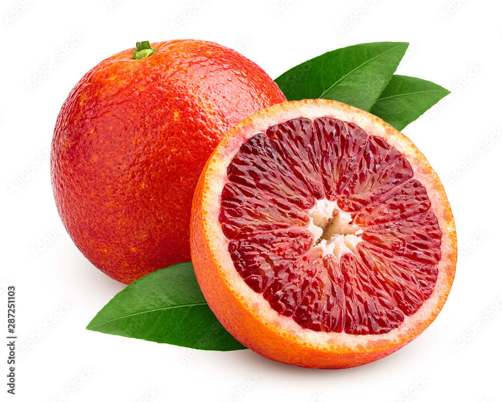 red blood orange slice, isolated on white background, clipping path, full depth of field - obrazy, fototapety, plakaty 