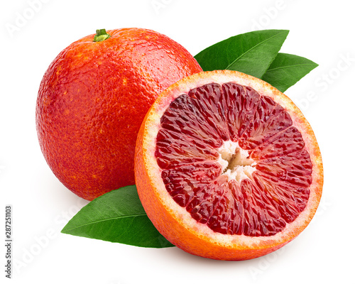 Fotografía red blood orange slice, isolated on white background, clipping path, full depth