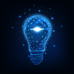 Wall Mural - Futuristic glowing low polygonal light bulb isolated on dark blue background.