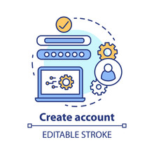 Create Account Concept Icon. Social Network Profile Registration Idea Thin Line Illustration. New User Web Page Creation. Online Authorization. Vector Isolated Outline Drawing. Editable Stroke