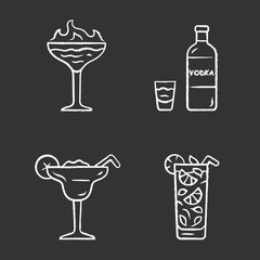 Sticker - Drinks chalk icons set. Flaming shot, margarita, mojito, vodka. Glasses with beverages, bottle. Alcoholic mixes and soft drink for party, celebration. Isolated vector chalkboard illustrations