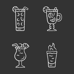 Sticker - Drinks chalk icons set. Cocktail in highball glass, hot toddy, pina colada, flaming shot. Alcoholic mixes and soft drinks. Refreshing and warming beverages. Isolated vector chalkboard illustrations