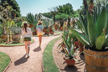 Two Young Girls Friends Walking In Botanical Garden Among Cactus