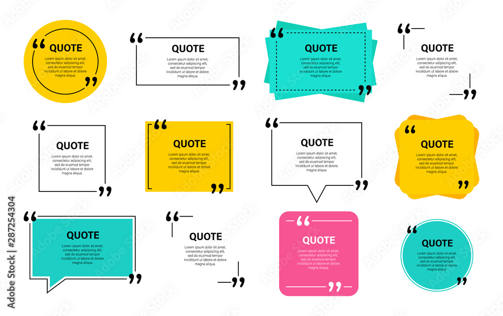 Quote box frame, big set. Quote box icon. Texting quote boxes. Blank template quote text info design boxes quotation bubble blog quotes symbols. Creative vector banner illustration. - obrazy, fototapety, plakaty 