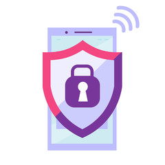 Poster - Mobile high protection flat vector illustration. Privacy, data security cartoon concept. Mobile display with shield and padlock. Smartphone firewall. Phone safety isolated metaphor on white background