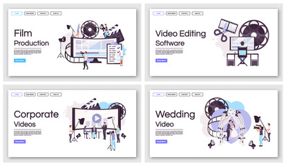 Poster - Film and video production landing page vector templates set. Event shooting website interface idea with flat illustrations. Filmmaking, videography homepage layout. Web banner, webpage cartoon concept